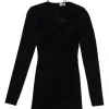 Black draped viscose-blend square neck long sleeve ruched-front mini dress