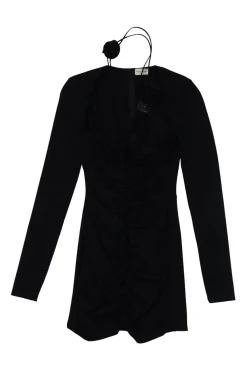 Black draped viscose-blend square neck long sleeve ruched-front mini dress
