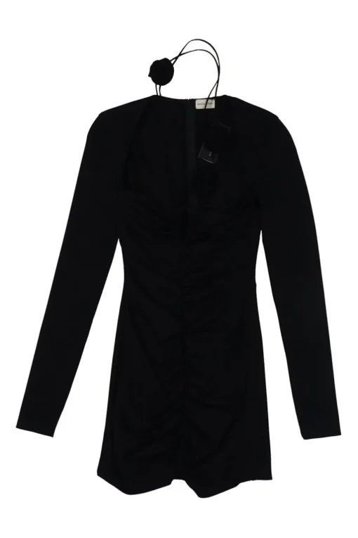 Black draped viscose-blend square neck long sleeve ruched-front mini dress