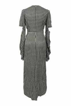 Black draped viscose-blend graphic houndstooth print keyhole-front wrap-front bell sleeve sheath dress with slit-front skirt