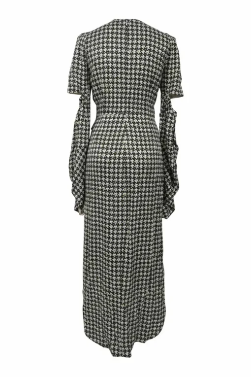 Black draped viscose-blend graphic houndstooth print keyhole-front wrap-front bell sleeve sheath dress with slit-front skirt