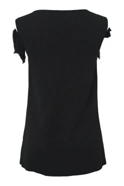 Black draped viscose-blend raw-edge bateau neck cap flutter sleeve blouse