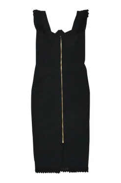 Black draped viscose-blend interlock knit pencil sheath dress with scalloped flutter sleeves and hem