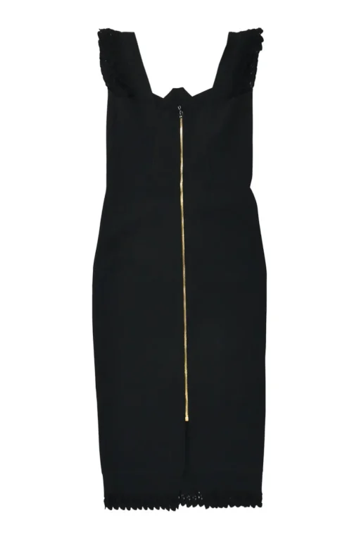 Black draped viscose-blend interlock knit pencil sheath dress with scalloped flutter sleeves and hem