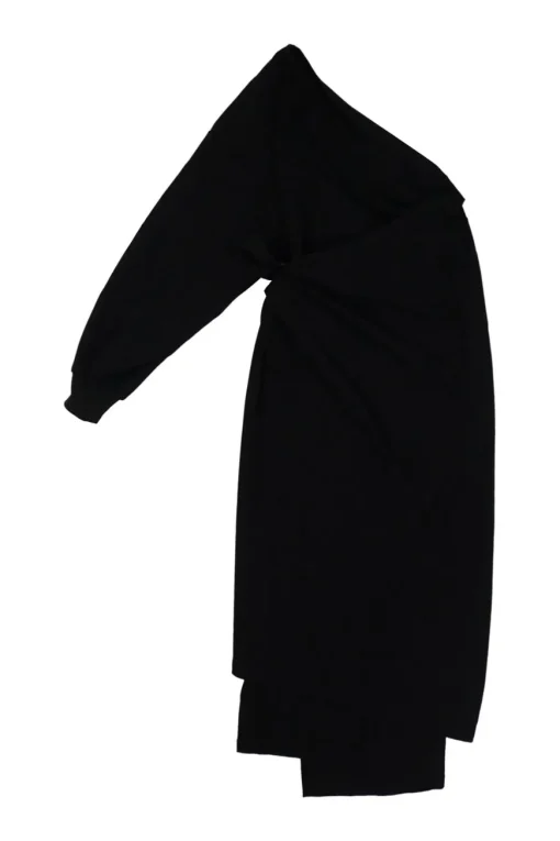 Black draped viscose-blend one shoulder apron-style midi knit sheath dress