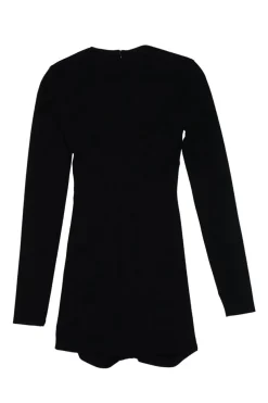 Black draped viscose-blend square neck long sleeve ruched-front mini dress
