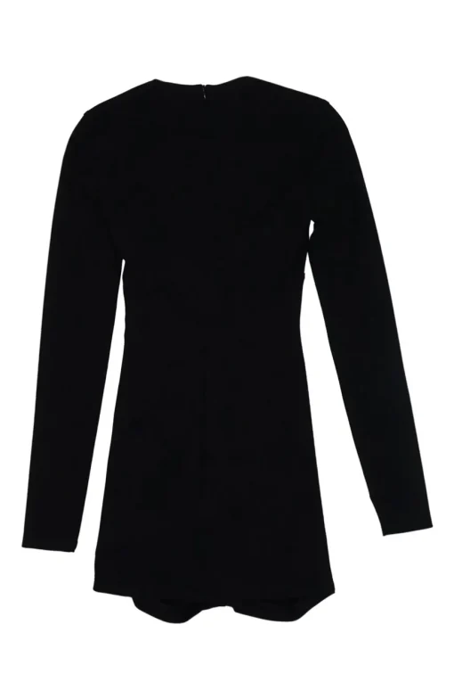 Black draped viscose-blend square neck long sleeve ruched-front mini dress