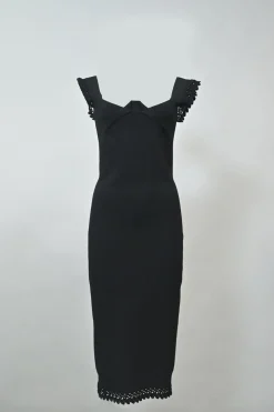 Black draped viscose-blend interlock knit pencil sheath dress with scalloped flutter sleeves and hem