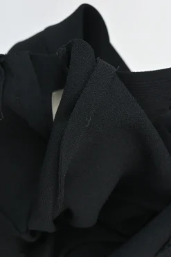 Black draped viscose-blend interlock knit pencil sheath dress with scalloped flutter sleeves and hem