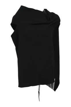 Black draped wool crepe cowl-neck asymmetric sleeveless top with back tie