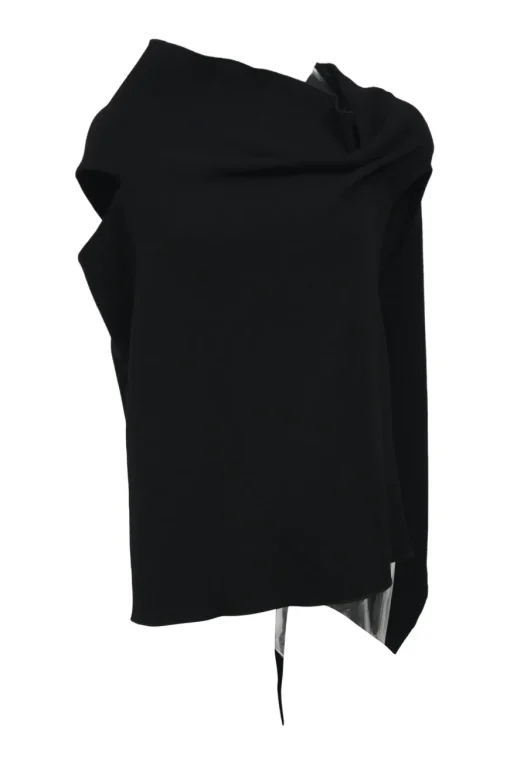 Black draped wool crepe cowl-neck asymmetric sleeveless top with back tie