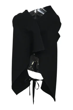 Black draped wool crepe cowl-neck asymmetric sleeveless top with back tie