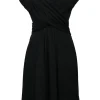 Black draped wool-blend wrap-front cap sleeve plunge neck mini dress