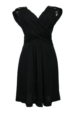 Black draped wool-blend wrap-front cap sleeve plunge neck mini dress