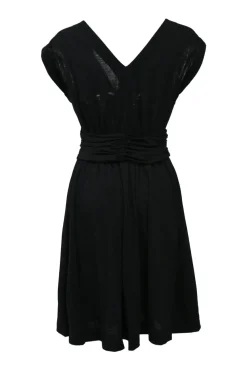 Black draped wool-blend wrap-front cap sleeve plunge neck mini dress