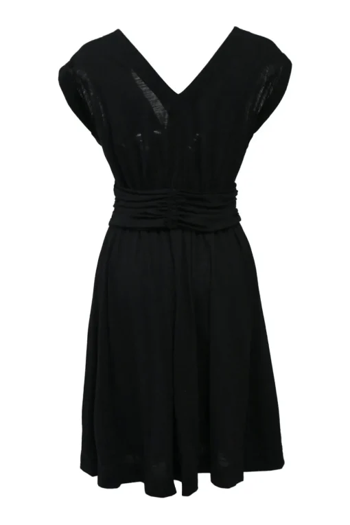 Black draped wool-blend wrap-front cap sleeve plunge neck mini dress