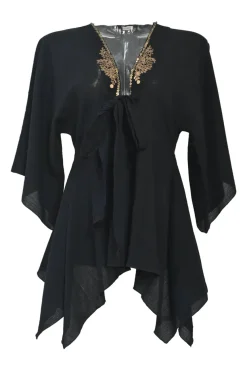 Black embellished bias-cut cotton tie-front handkerchief blouse with cropped dolman sleeves