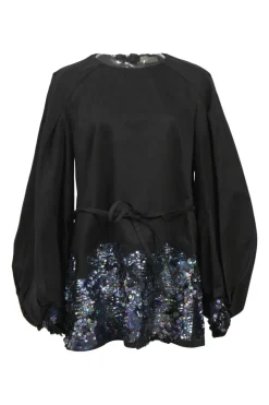 Black embellished cotton poplin raglan sleeve tie-waist blouse featuring iridescent paillette broderie motif