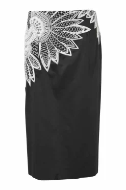 Black embellished cotton pencil skirt featuring floral bead broderie motif