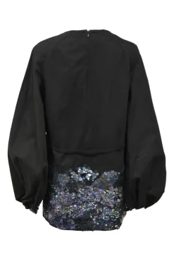 Black embellished cotton poplin raglan sleeve tie-waist blouse featuring iridescent paillette broderie motif