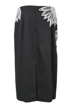 Black embellished cotton pencil skirt featuring floral bead broderie motif