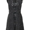 Black embellished cotton-blend bouclé tweed zip-front cap sleeve mini dress