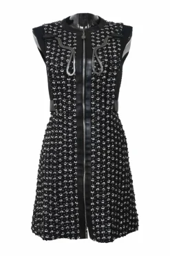 Black embellished cotton-blend bouclé tweed zip-front cap sleeve mini dress