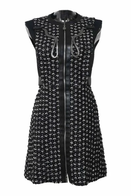 Black embellished cotton-blend bouclé tweed zip-front cap sleeve mini dress