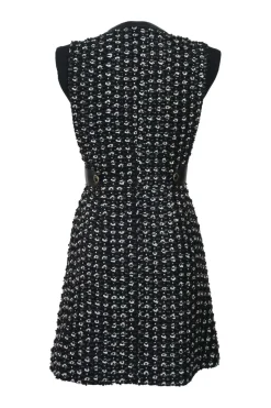 Black embellished cotton-blend bouclé tweed zip-front cap sleeve mini dress