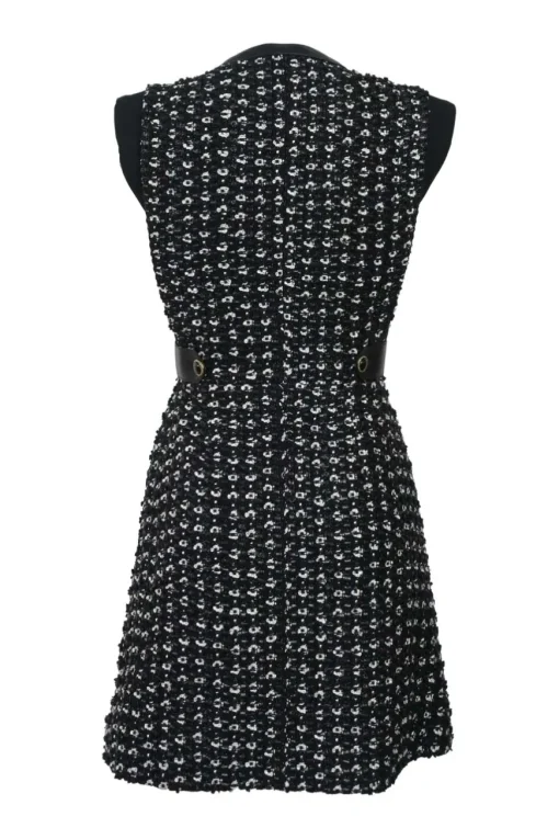 Black embellished cotton-blend bouclé tweed zip-front cap sleeve mini dress