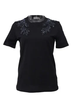 Black embellished crewneck pullover T-shirt featuring leaf bead broderie motif