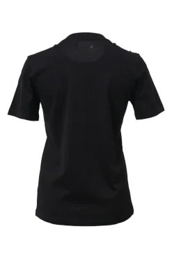 Black embellished crewneck pullover T-shirt featuring leaf bead broderie motif