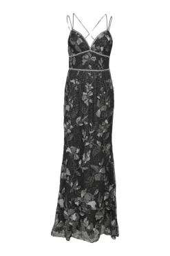 Black embellished metallic floral jacquard plunge neck empire-waist mermaid slip gown
