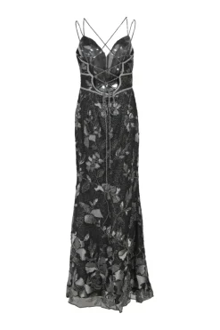 Black embellished metallic floral jacquard plunge neck empire-waist mermaid slip gown