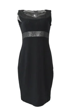 Black embellished ponte-knit sleeveless sheath dress