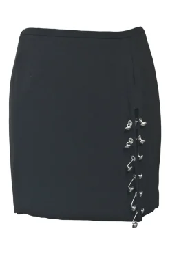 Black embellished pull-on side slit mini skirt featuring lion pin appliqué