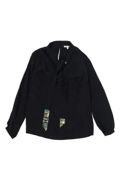 Black embellished sand-washed silk pussy-bow keyhole blouse