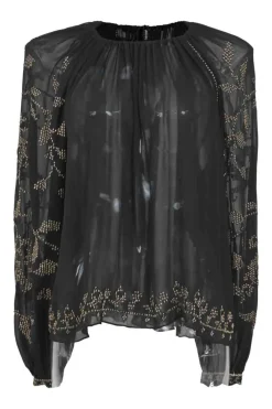 Black embellished semi-sheer draped silk pullover swing-style blouse with gathered neckline
