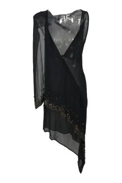 Black embellished semi-sheer bias-cut silk wrap-effect cape tunic shift with asymmetric handkerchief hem