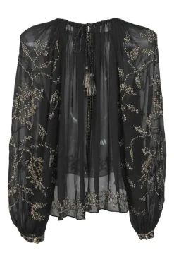 Black embellished semi-sheer draped silk pullover swing-style blouse with gathered neckline