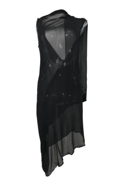 Black embellished semi-sheer bias-cut silk wrap-effect cape tunic shift with asymmetric handkerchief hem