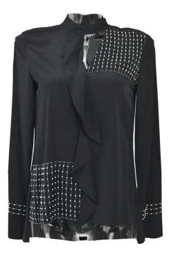 Black embellished silk band collar keyhole-front pullover blouse with cascade ruffle trim and bead broderie motif