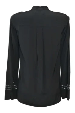 Black embellished silk band collar keyhole-front pullover blouse with cascade ruffle trim and bead broderie motif
