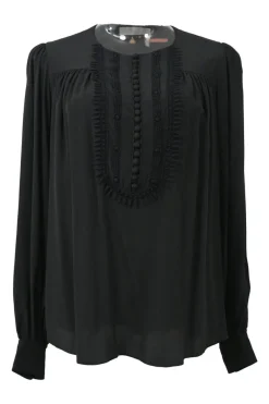 Black embellished silk pullover long sleeve blouse featuring frill bib and bead broderie motif