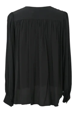 Black embellished silk pullover long sleeve blouse featuring frill bib and bead broderie motif