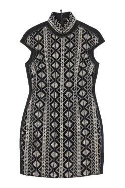 Black embellished silk slip-on Mandarin collar cap sleeve mini sheath dress featuring beaded appliqué