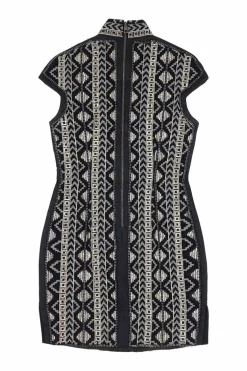 Black embellished silk slip-on Mandarin collar cap sleeve mini sheath dress featuring beaded appliqué