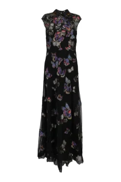 Black embellished silk-blend cap sleeve peek-a-boo gown featuring multi-colour feather collar and beaded butterfly broderie appliqué