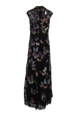 Black embellished silk-blend cap sleeve peek-a-boo gown featuring multi-colour feather collar and beaded butterfly broderie appliqué