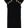 Black embellished viscose-blend cap sleeve knit shift with metallic coat of arms shank buttons